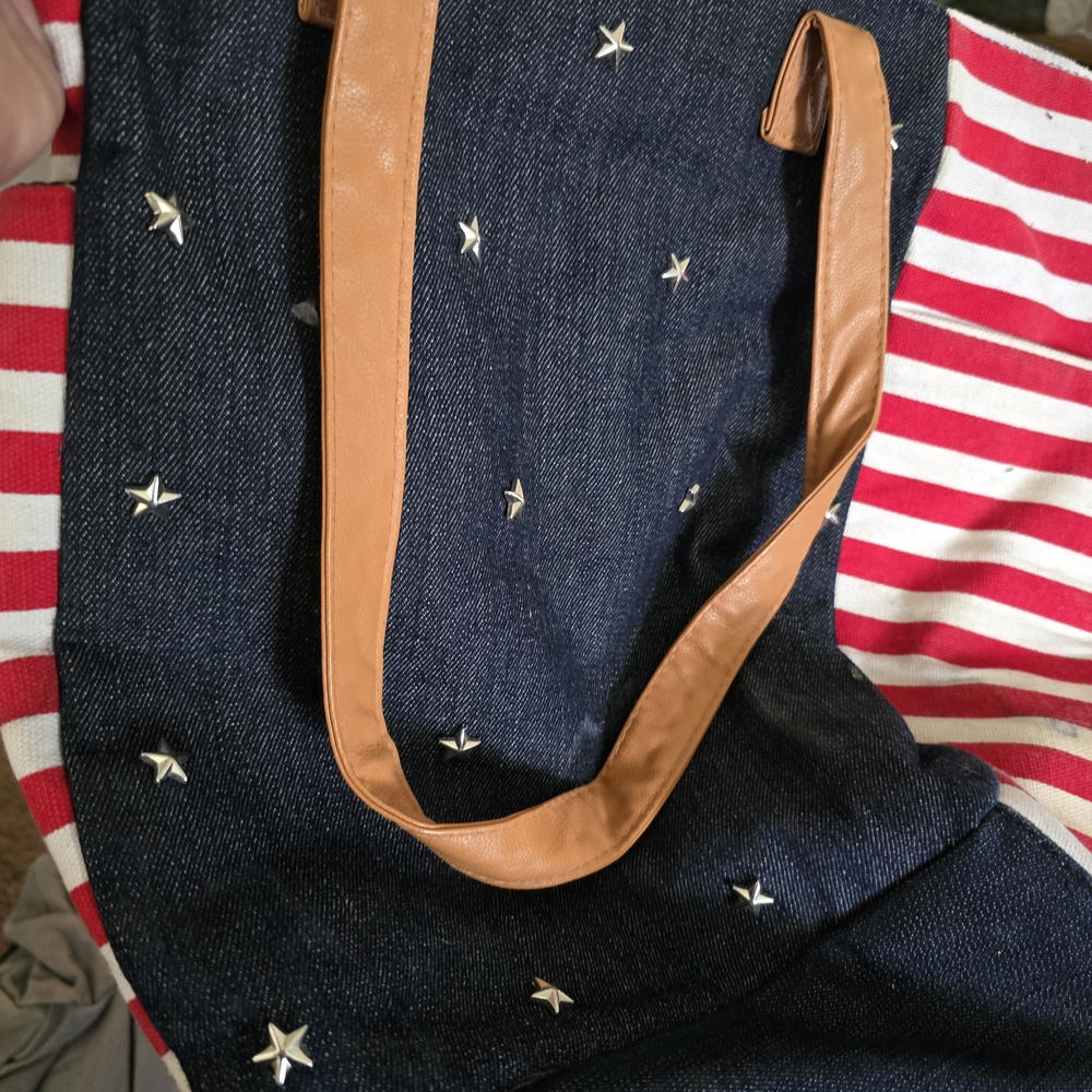 Denim Tote Bag with Star Accents and Tan Straps